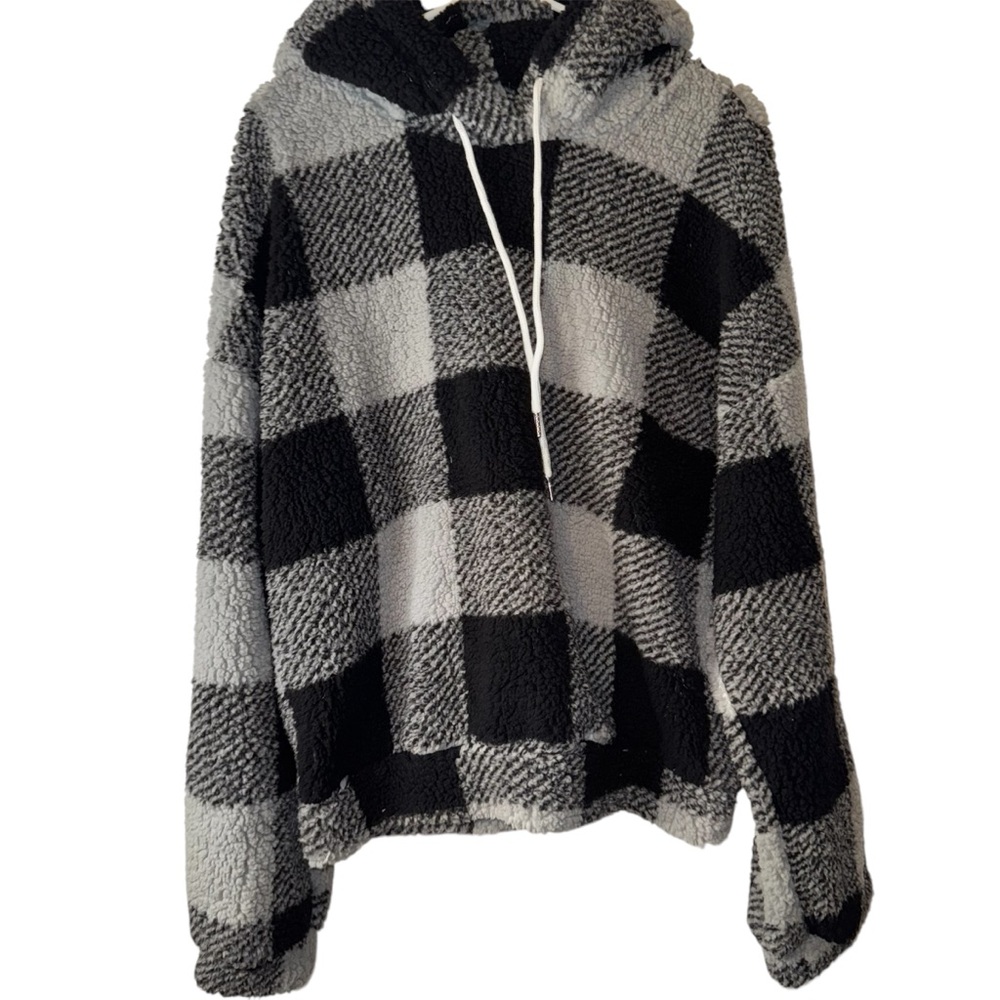SHEIN Buffalo Plaid Drawstring Teddy Hoodie Grey/Black (XL)